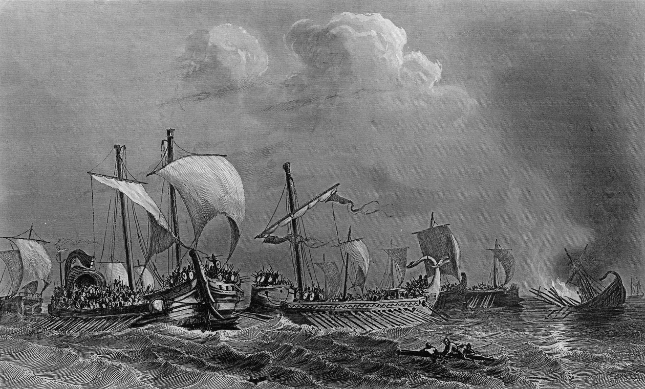Bitwa pod Salaminą i klęska Kserces, V wiek. w „Ogólnej historii marynarki wojennej” pod kierunkiem pana Van Tenac autorstwa Unknown artist