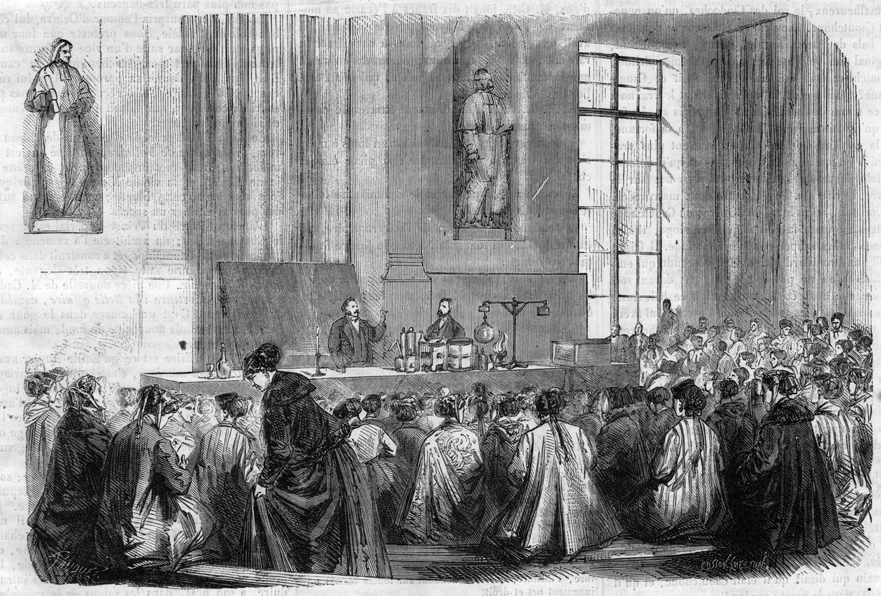 Kurs edukacji średniej dla młodych dziewcząt na Sorbonie: Lekcja chemii - Grawerowanie w „”Le Journal Illustre”” autorstwa Unknown artist