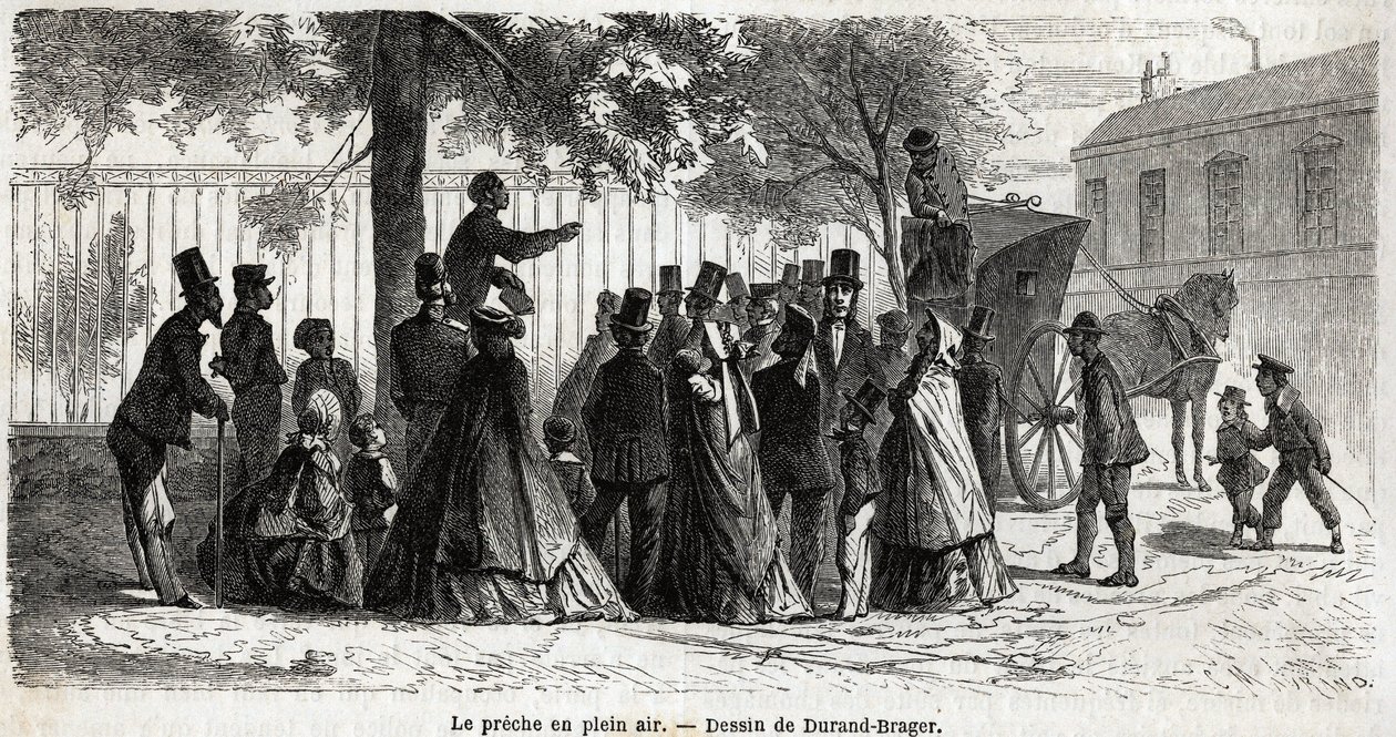 Le preche en plein air, w Londynie, rysunek Duranda Bragera, ilustrujący Wycieczkę do biednych dzielnic Londynu, w 1862, L.Simonin. Grawerowanie w „”Le tour du monde””, pod redakcją Edouarda Chartona autorstwa Unknown artist