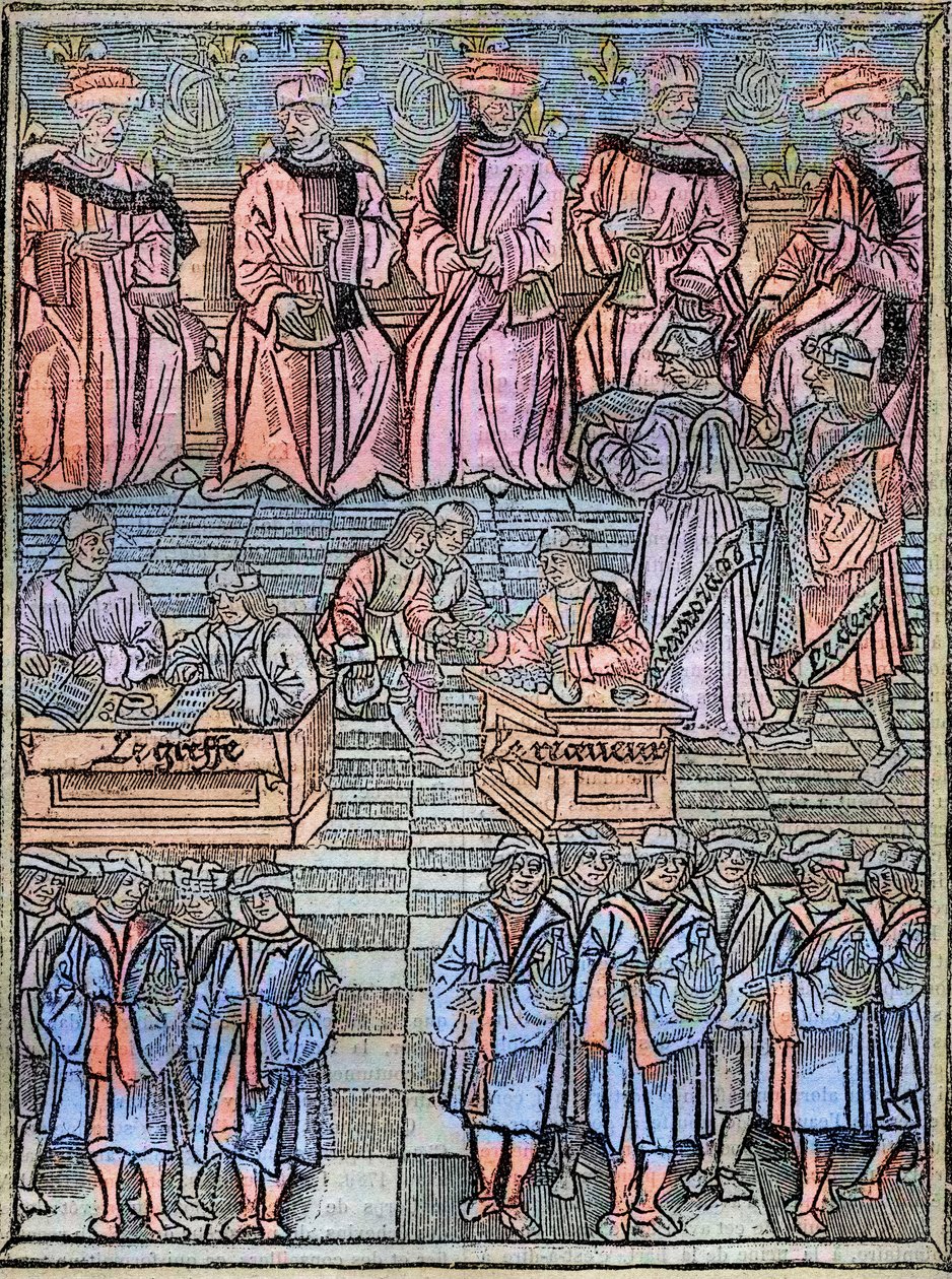 Grawerunek Le prevot des marchands et les echevins de Paris au 16eme w. na podstawie oryginału z 1528 r. - Provot of Merchants and Addermen of Paris, scena poboru podatków, strona tytułowa z 