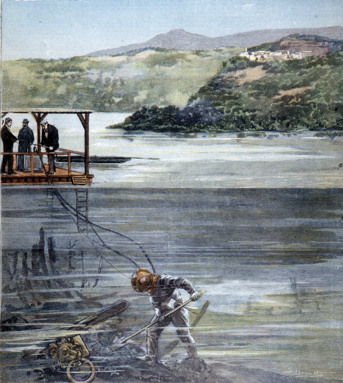 Nurek Paolo Pardi pracujący na rzymskich łodziach na jeziorze Nemi z nurkiem Siebe w 1893 roku. autorstwa Unknown artist
