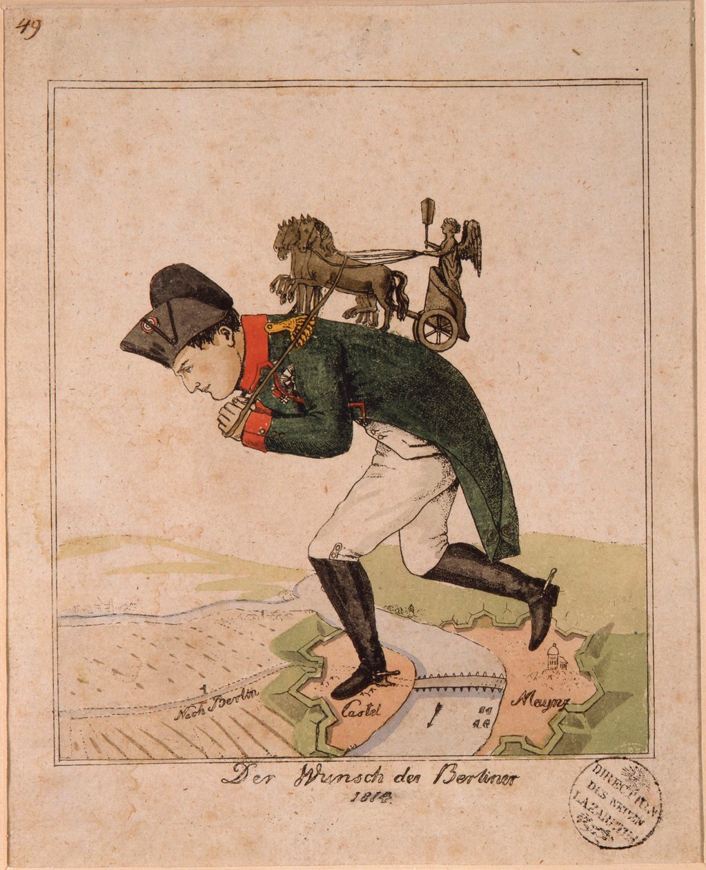 „Życzenie berlińczyków” (Życzenie berlińczyków) Karykatura przedstawiająca cesarza Napoleona I (1769-1821) niosącego na plecach kwadrygę Bramy Brandenburskiej na przekroczenie Moguncji podczas oblężenia twierdzy Anonimowa karykatura autorstwa Unknown artist