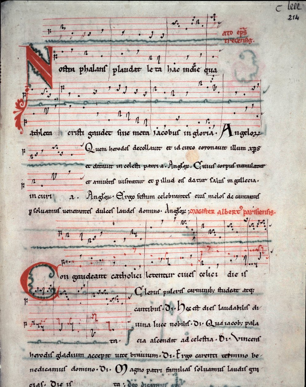 Ulotka przewodnika pielgrzyma z tekstem pielgrzymki do Santiago de Compostela (Santiago de Compostella) Fol. 214 r. Z rękopisu z XIII wieku. Archiwum Katedry Santiago de Compostela (Santiago de Compostela), Hiszpania autorstwa Unknown artist