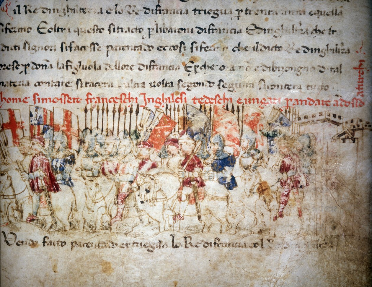 Liga Francuzów, Anglików, Niemców i Węgrów przeciwko Turkom w 1391 r. – w „Croniche del Sercambi”, ok. 1400 r. Archiwum Narodowe, Lukka. autorstwa Unknown artist