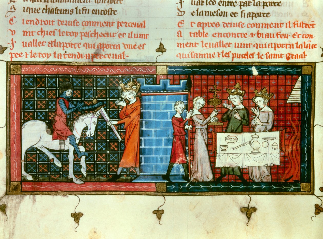 Po lewej: Perceval otrzymuje miecz od króla Pescheora. Po prawej: Procesja Świętego Graala. Miniatura z „”Tale du Grail”” autorstwa Unknown artist