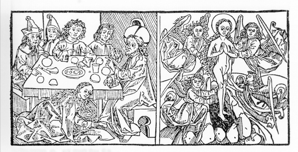 Po lewej: Św. Maria Magdalena osusza stopy Jezusa swoimi włosami. Po prawej: św. Maria Magdalena wstępuje do nieba. Rękopis z 1488 r. wydrukowany w Norymberdze. Grawer z „Leben der Heiligen - sommerteil” (Księga świętego) Jakuba (Jakuba) z Vora autorstwa Unknown artist