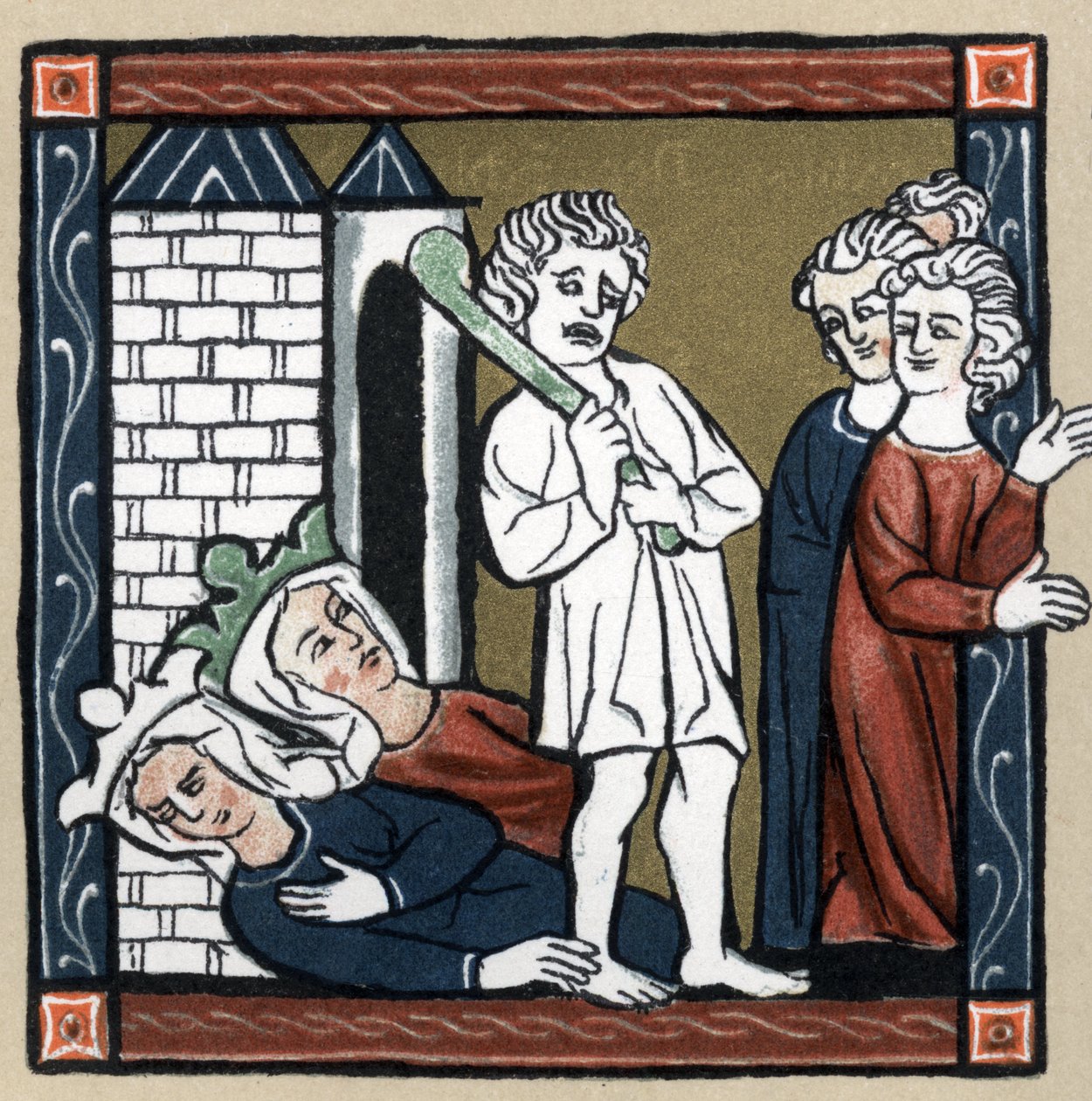 Legenda Arthurienne: Lancelot du lac delivre Królowa Guenievre i jej przyjaciółka z zamku, która zemdlała, a mieszkańcy uciekają. W „Historii literatury francuskiej” Hermanna Suchiera autorstwa Unknown artist