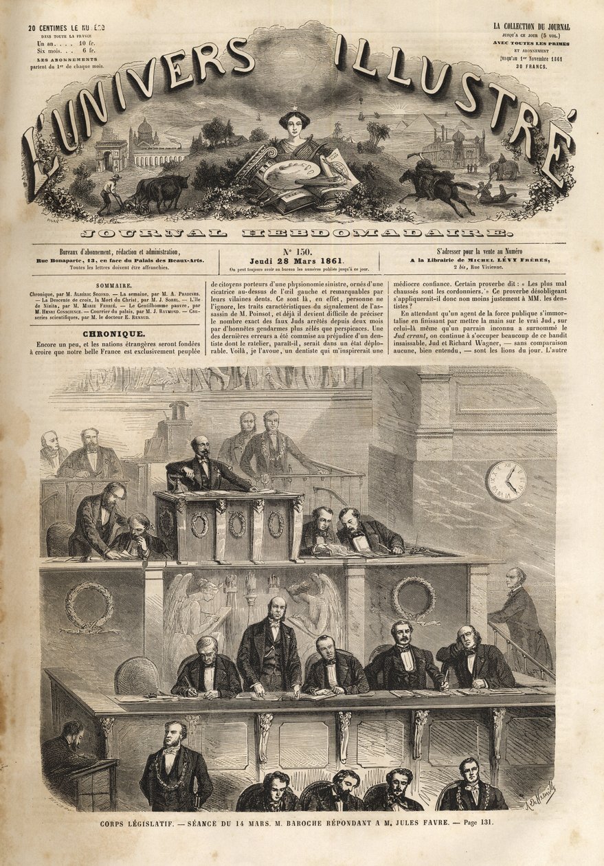 Ciało ustawodawcze - sesja 14 marca 1861 - Pierre Jules Baroche (1802-1870) w odpowiedzi na Jules Favre (1809-1880) - Illustrous Universe 1861 autorstwa Unknown artist
