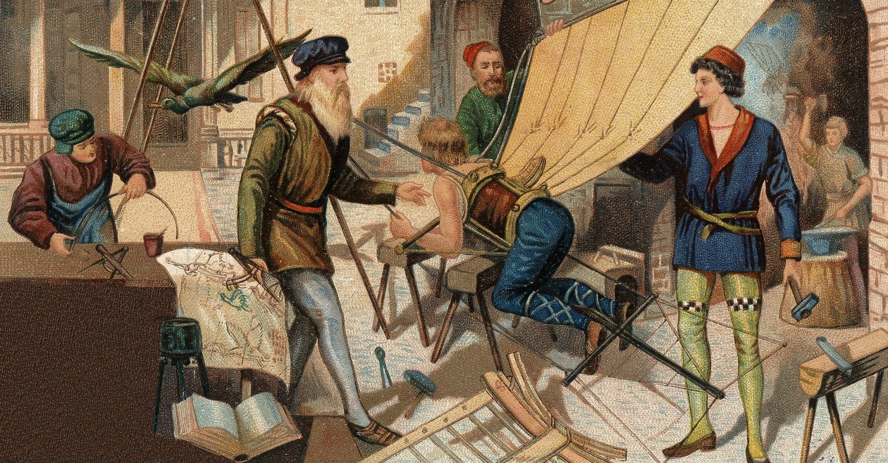 Leonardo da Vinci (Leonard de Vinci 1452-1519) eksperymentujący ze swoją latającą maszyną. Chromolitografia XIX wieku. autorstwa Unknown artist