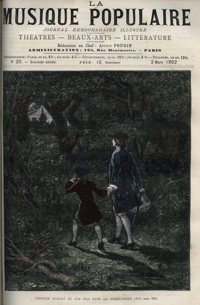 Leopold Mozart i jego syn Wolfgang Amadeus w Schwarzwaldzie - Leopold Mozart i jego syn Wolfgang Amadeus w Schwarzwaldzie w Niemczech - grawerowanie w "Muzyce popularnej""" - 1882 autorstwa Unknown artist