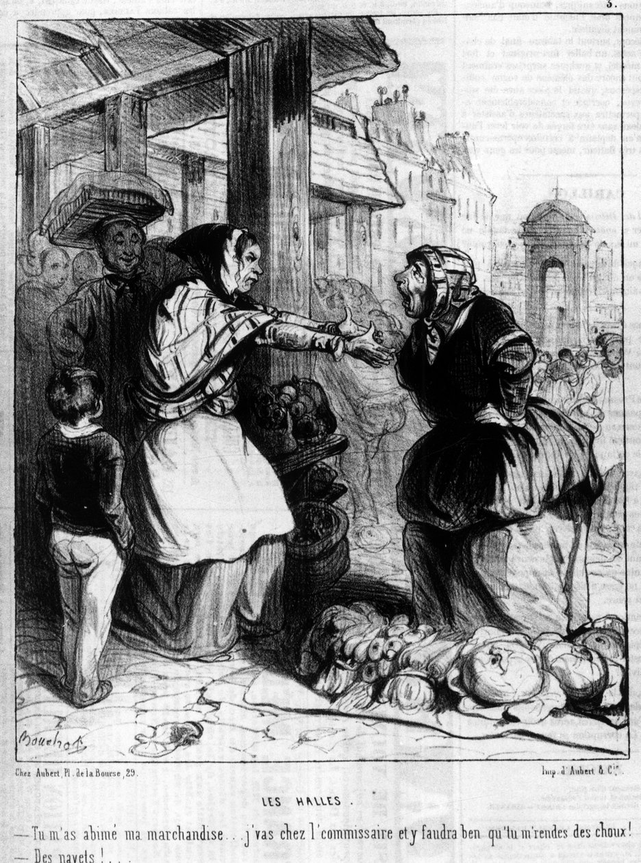Les Halles - Marchandes kłóci się w Halles de Paris, -w ""Charivari"" z 14.10.1844. autorstwa Unknown artist