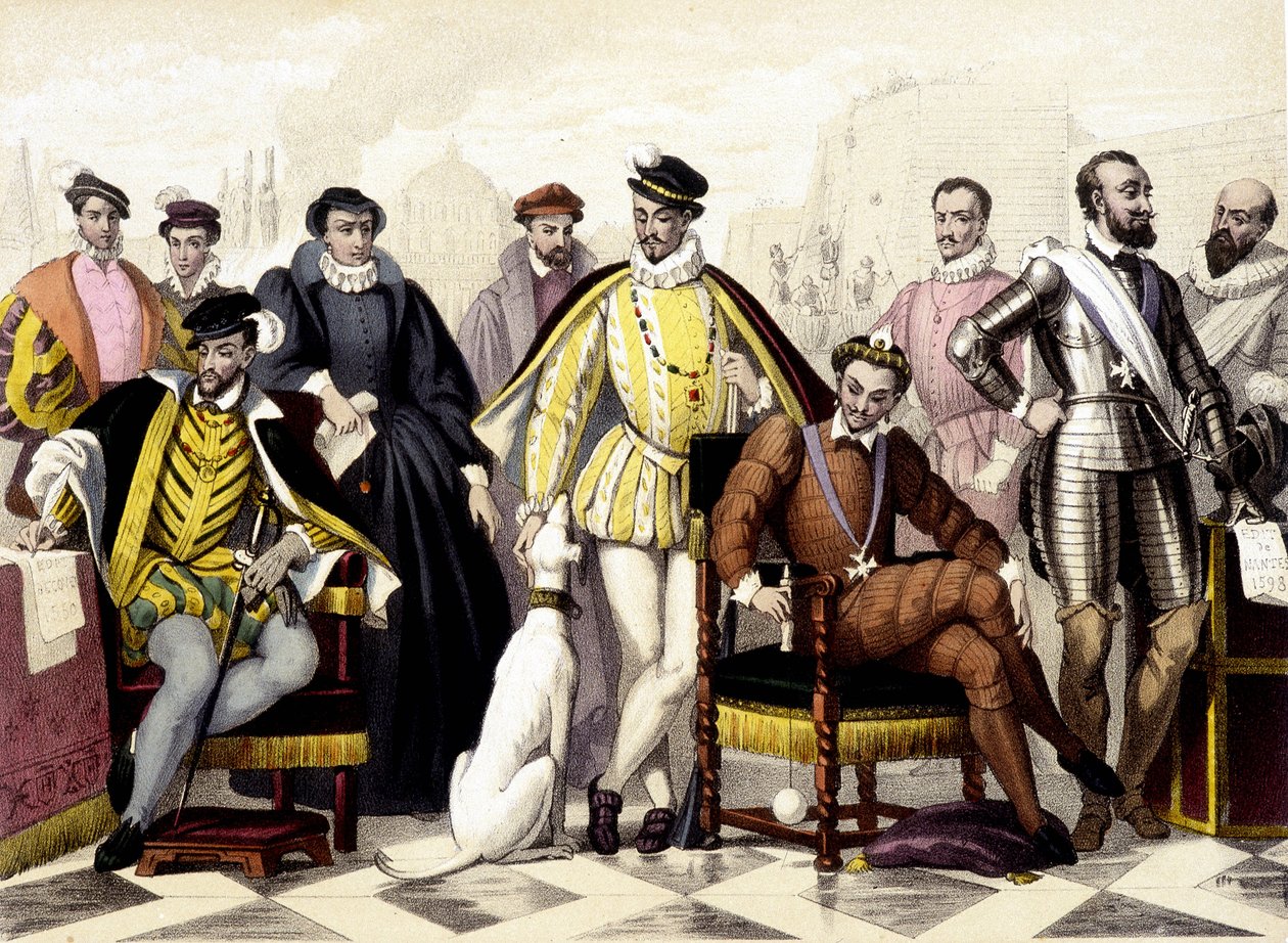 Les Valois - Od 1547 do 1589. Henryk II, Katarzyna Medycejska (Caterina de Medici), Karol IX, Henryk III, Henryk IV. Rycina XIX wieku. autorstwa Unknown artist