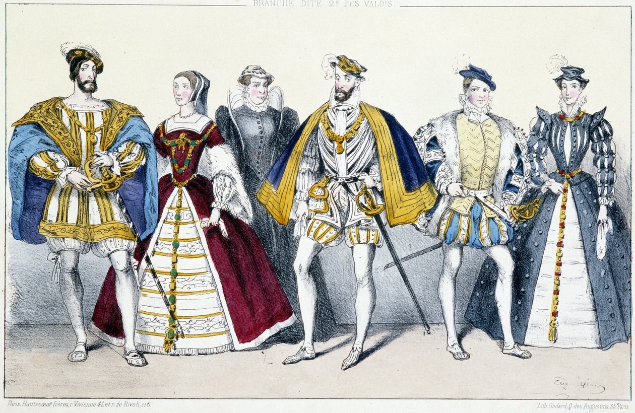 Les Valois: Francois I (1494-1547) i Claude de France (1499-1524), Katarzyna Medycejska (1519-1589) i Henryk II (1519-1559), Francois II (1544-1560) i Marie Stuart (1542- 1587) - Planche wydobyty z królów i królowych Francji w drukach, Paryż, wyd. S autorstwa Unknown artist