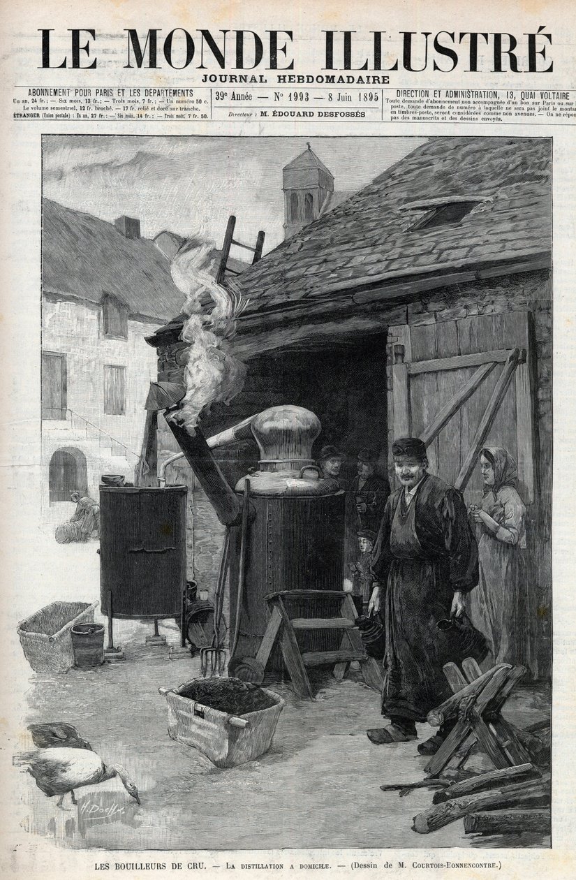Destylatory domowe - destylacja domowa w Paryżu w 1895 r. - grawer w „Le Monde Illustré” n°1993 z 1895 r. autorstwa Unknown artist