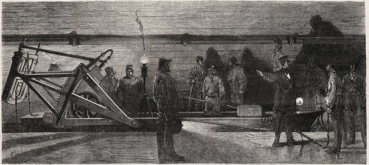 Les egouts de Paris: „łódź do spłukiwania” używana do czyszczenia kolektora - Grawer z „Le Monde Illustré”” autorstwa Unknown artist