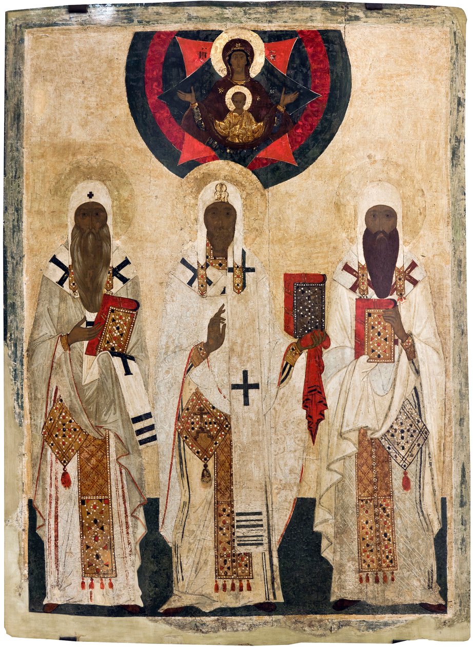 Trzej święci biskupi Rostowa: Izajasz (zm. 1090), Leonce (zm. 1077), Ignacy (zm. 1288) - ikona rosyjska: Trzej święci biskupi Rostowa: Izajasz, Leoncjusz i Ignacy. Tempera na desce, koniec XV w., Państwowy Skansen Rostów Kreml autorstwa Unknown artist