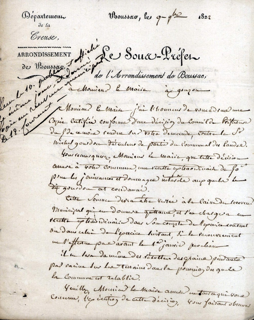 List podprefekta Creuse (okręg Boussac) do burmistrza Gouzon, 9 września 1822 autorstwa Unknown artist