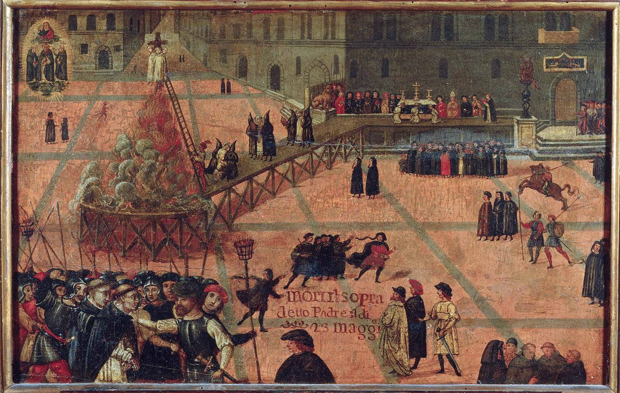 L""execution de Jerome Savonarole, Florencja 1498 - Egzekucja Girolamo Savonaroli na Piazza della Signoria we Florencji w 1498 - Anonim. Olej na drewnie autorstwa Unknown artist