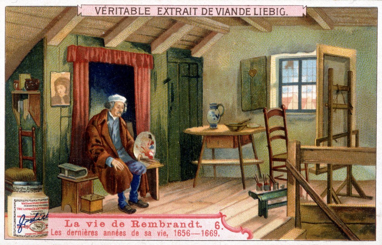 Chromolitografia Liebiga na temat życia holenderskiego malarza Rembrandta (1606/1669). Tutaj ostatnie lata jego życia 1656-1669. autorstwa Unknown artist