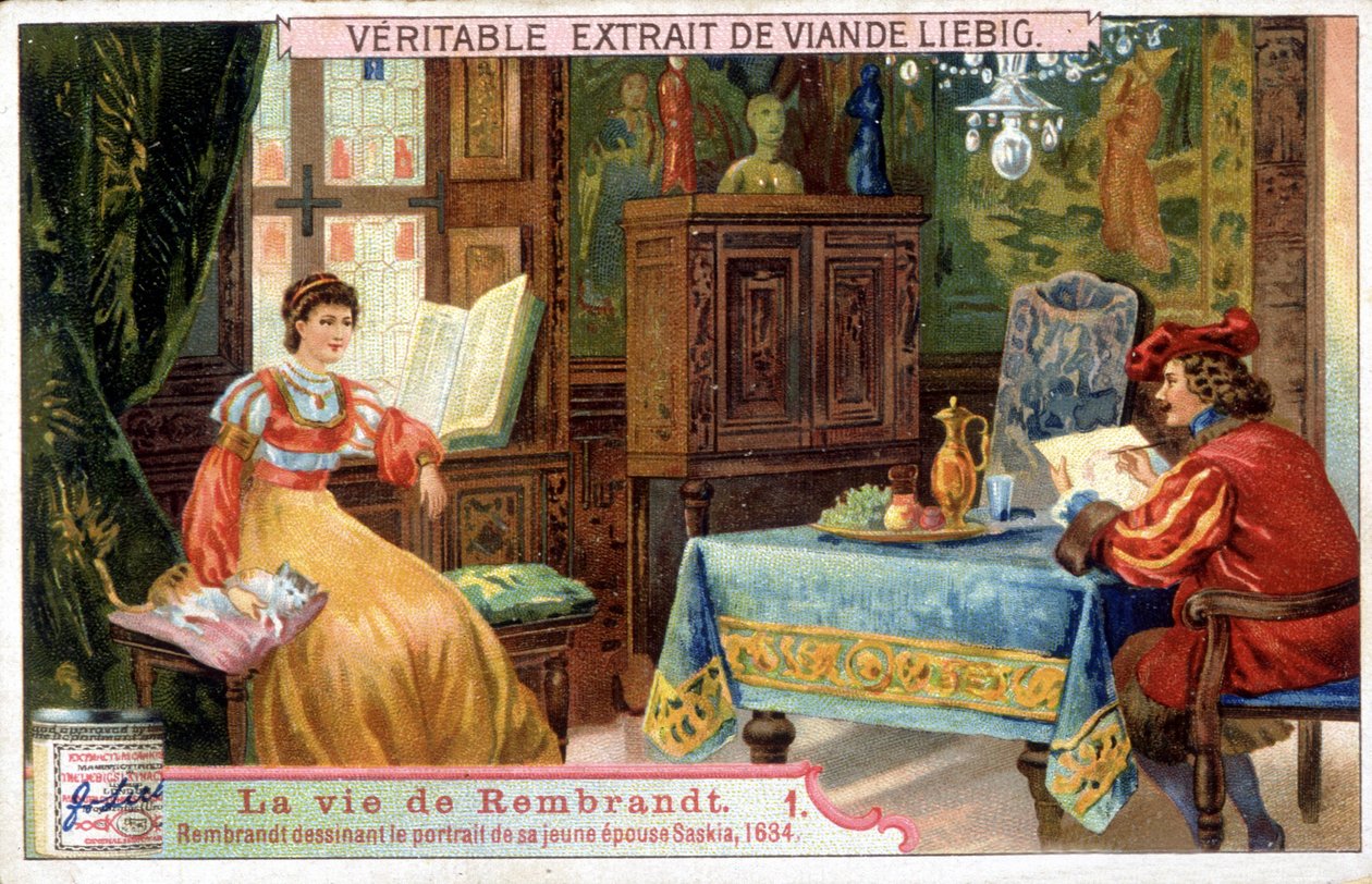 Chromolitografia Liebiga na temat życia Rembrandta (1606-1669), holenderskiego malarza. Tutaj rysuje portret swojej młodej żony Saskii w 1654 roku. autorstwa Unknown artist