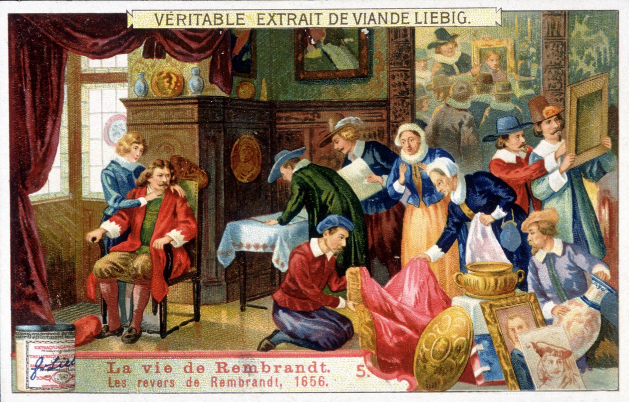 Chromolitografia Liebiga na temat życia holenderskiego malarza Rembrandta (1606-1669). To są niepowodzenia Rembrandta w 1656 roku. autorstwa Unknown artist