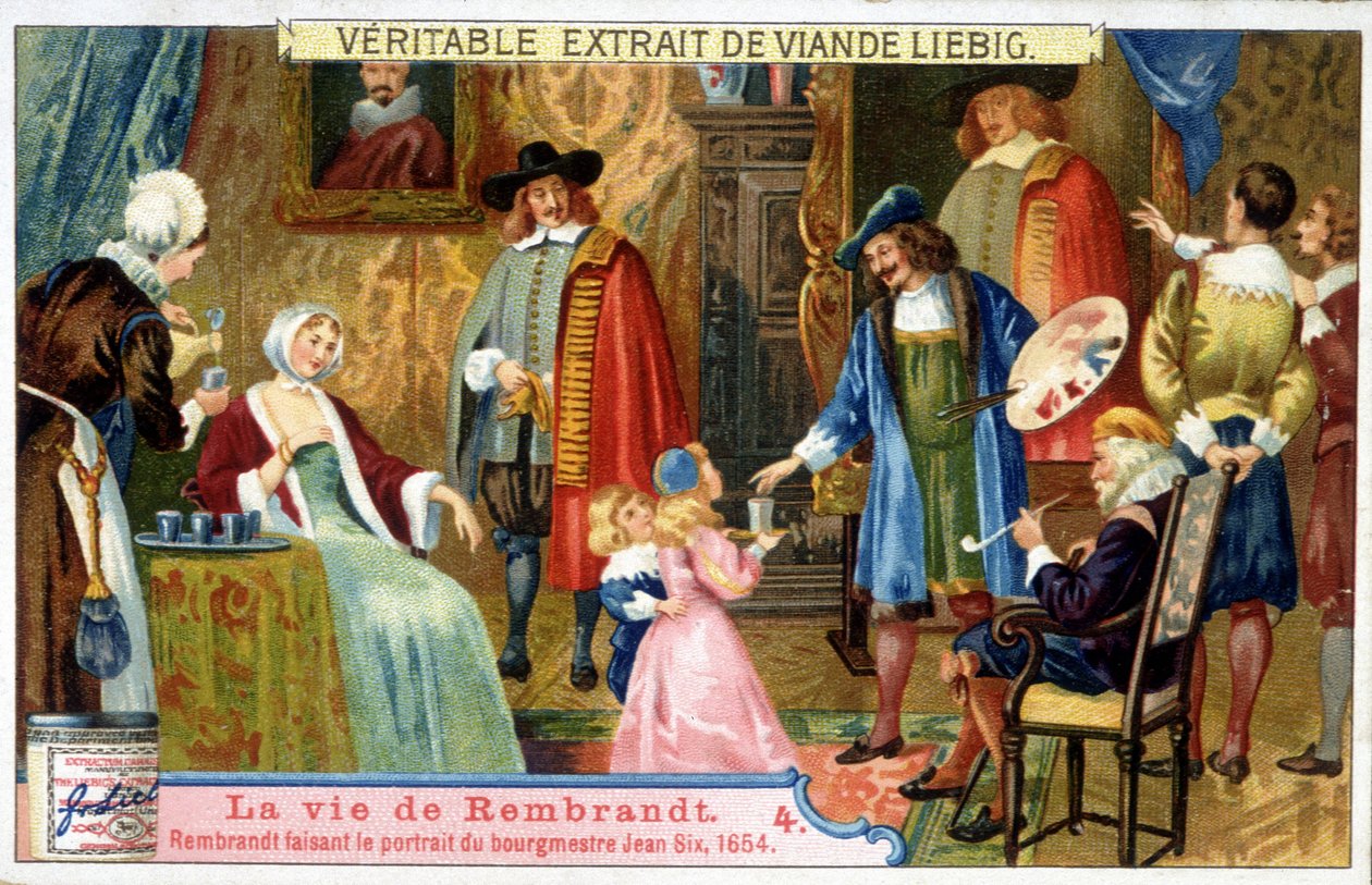 Chromolitografia Liebiga na temat życia Rembrandta (1606 - 1669) holenderskiego malarza, tu przedstawiającego burmistrza Jeana Sixa w 1654 roku. autorstwa Unknown artist