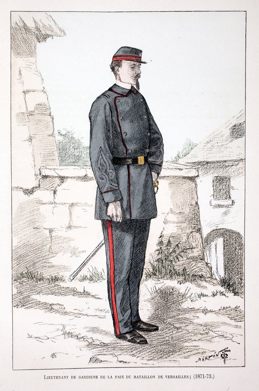 Porucznik Strażników Pokoju batalionu wersalskiego (1871-1873). Akwaforta w kolorach, dla ilustracji „Historia Korpusu Strażników Pokoju””” wydana pod patronatem Louisa Lepine