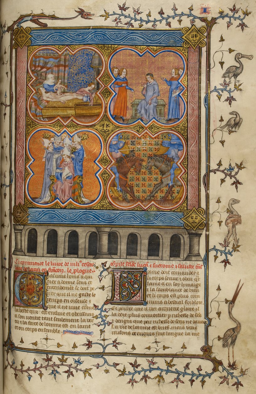 Żywot Juliusza Cezara: cztery miniatury ukazujące jego narodziny, rozwód, pontyfikat i walkę z Pompejuszem; tekst z dekorowanymi inicjałami i obramowaniem z ptakami i groteskami. autorstwa Unknown artist