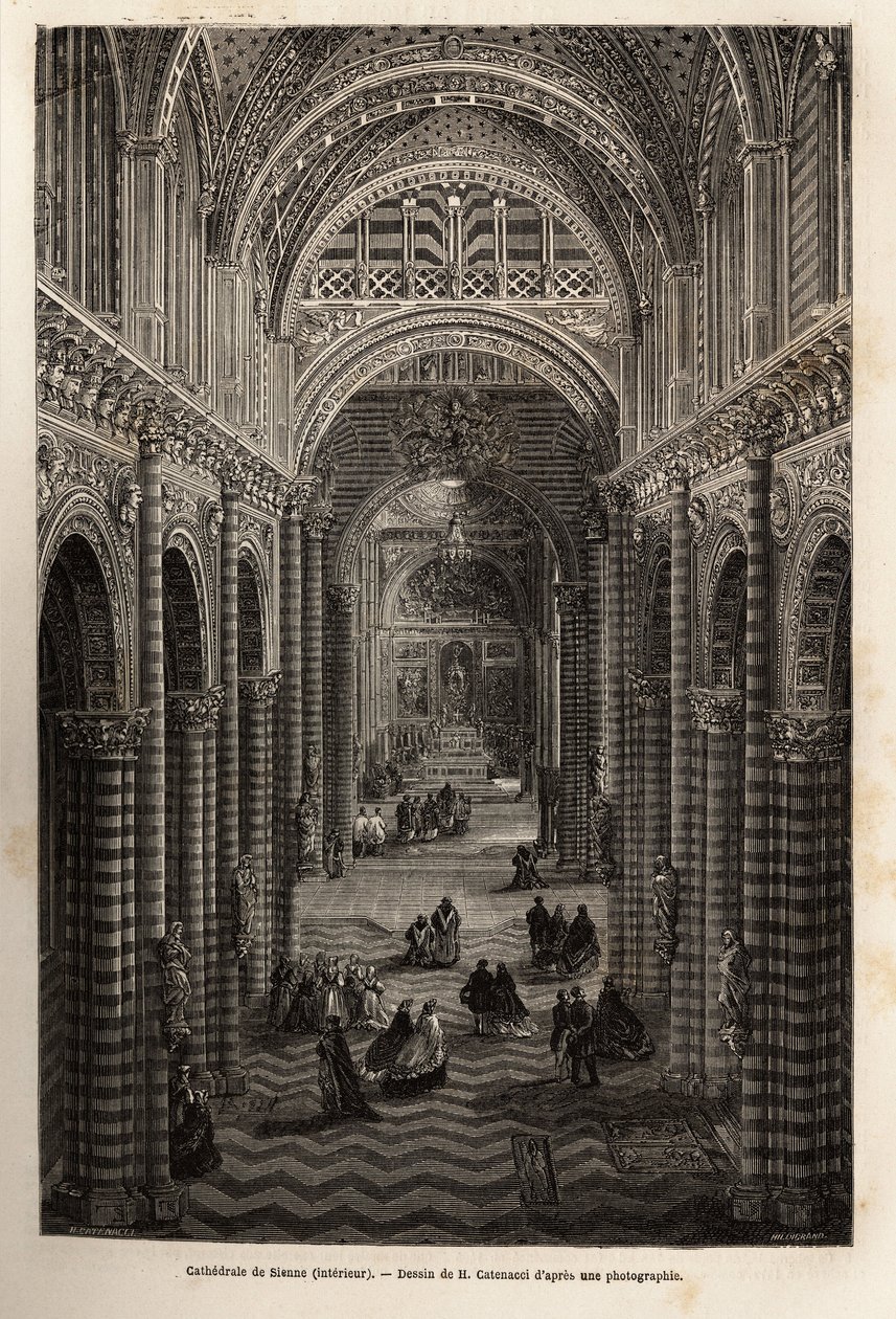 Wnętrze katedry w Sienie, rycina ilustrująca podróż do Sieny (Włochy) w 1865 r. w „Le tour du monde, nouveau journal des voyages” wydanej pod kierunkiem Edouarda Chartona autorstwa Unknown artist