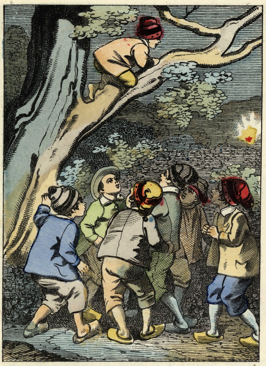 Mały Poucet wspina się na drzewo i szuka swojej drogi. Podnosi światło w lesie. Ilustracja do bajki Charlesa Perraulta „” Le Pepetit Poucet” autorstwa Unknown artist