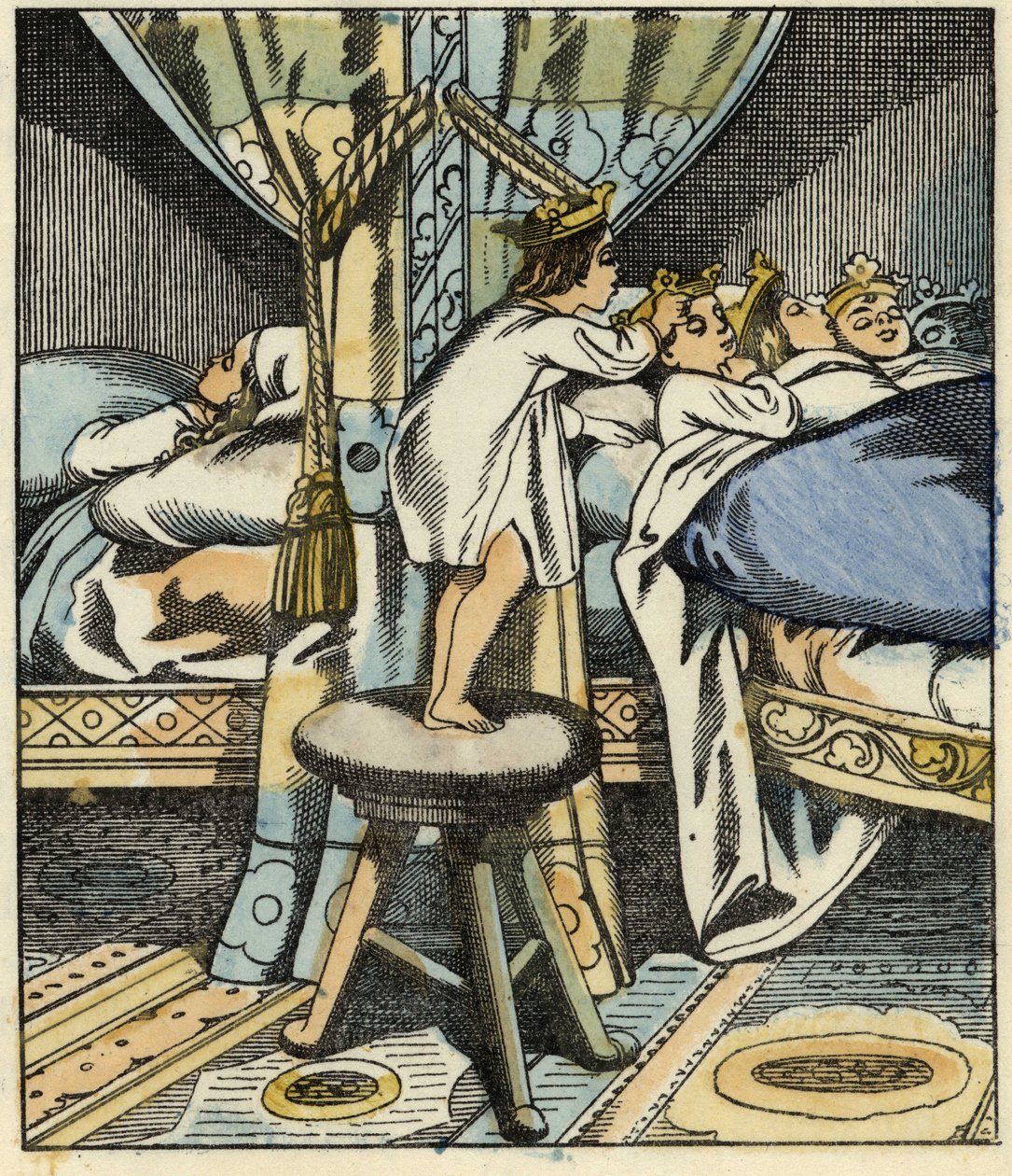 Mały Poucet kładzie korony siedmiu córek ogra na głowę swoich braci. Ilustracja do bajki „Le Petite Poucet” autorstwa Charlesa Perraulta autorstwa Unknown artist