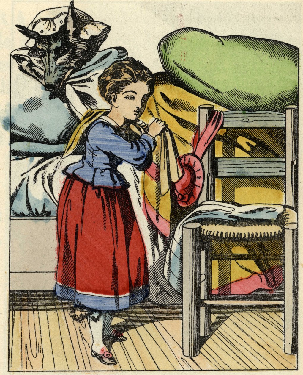 Czerwony Kapturek w domu swojej babci. Ilustracja do bajki „Czerwony Kapturek” Charlesa Perrault autorstwa Unknown artist