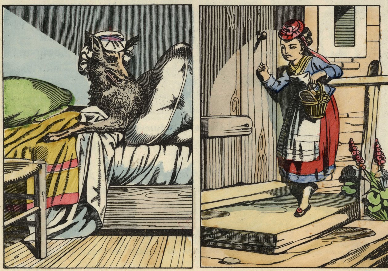 Czerwony Kapturek puka do drzwi swojej babci. Ilustracja do bajki „Czerwony Kapturek” Charlesa Perrault autorstwa Unknown artist