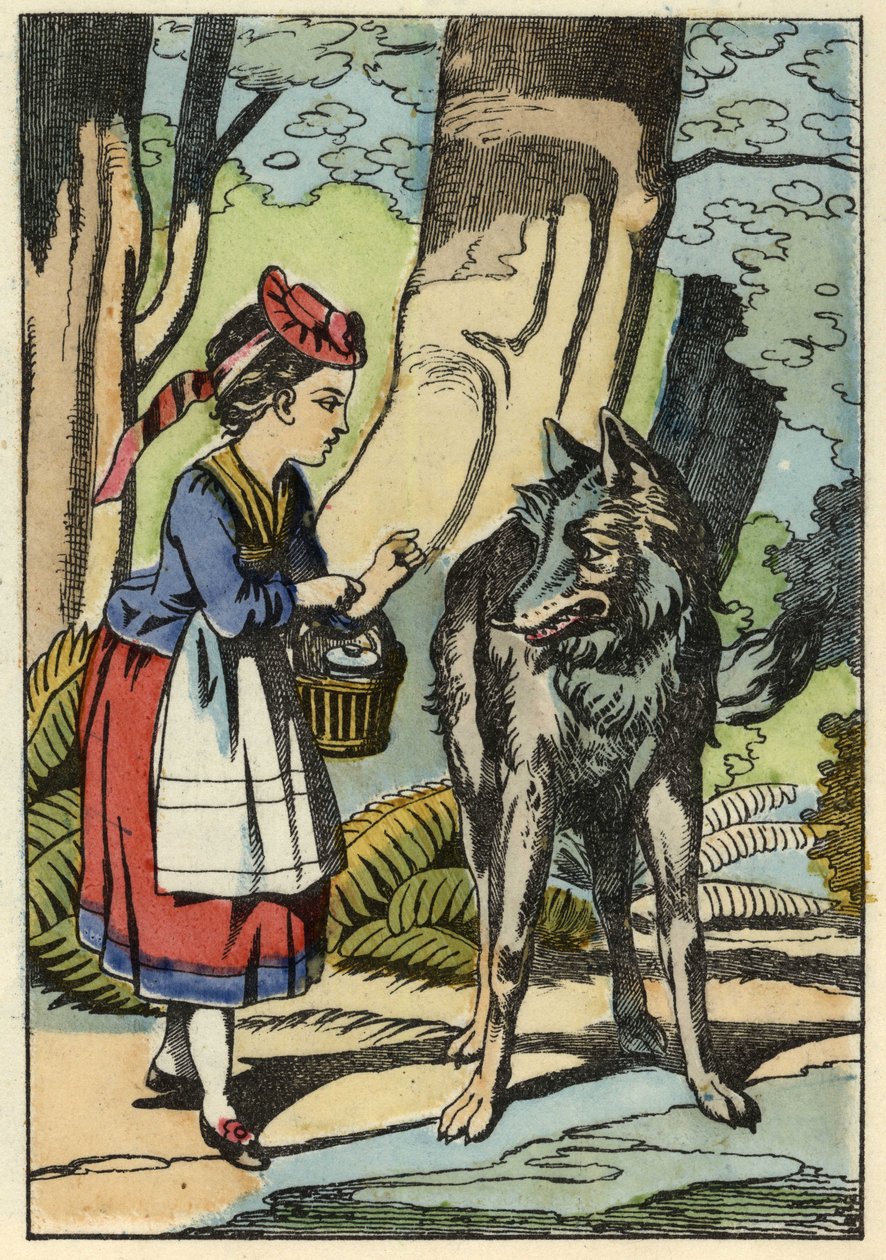 Czerwony Kapturek spotyka wilka w lesie. Ilustracja do bajki „Czerwony Kapturek” Charlesa Perrault autorstwa Unknown artist