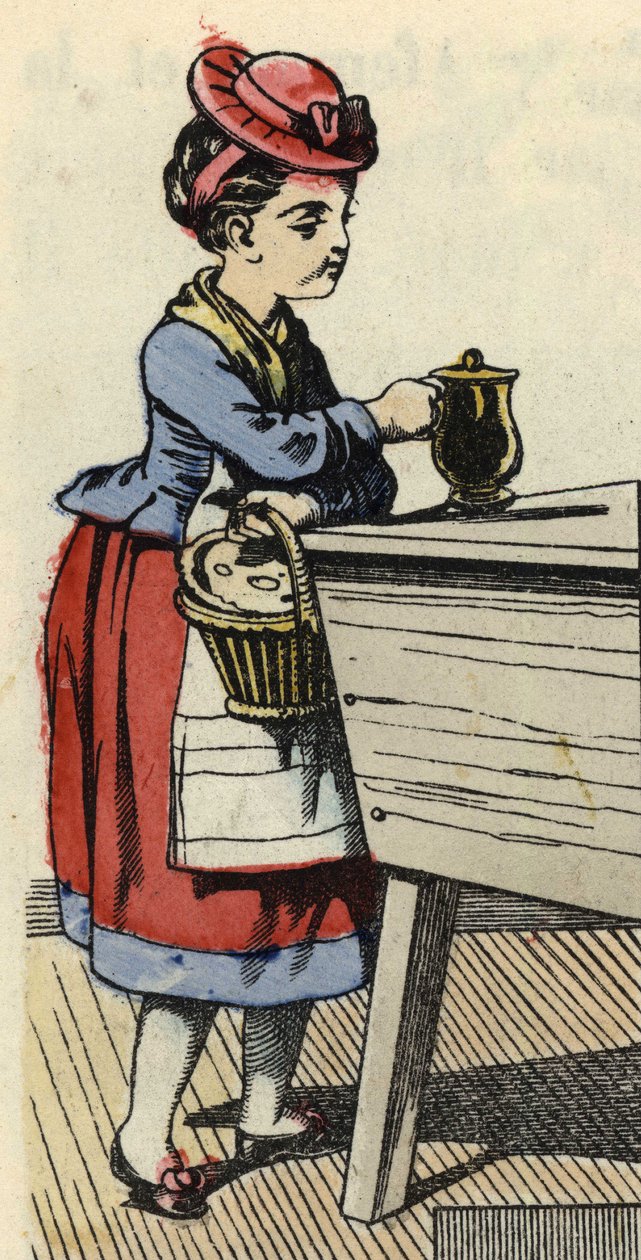Czerwony Kapturek kładzie jedzenie dla swojej babci na puszce. Ilustracja do bajki „Czerwony Kapturek” Charlesa Perrault autorstwa Unknown artist