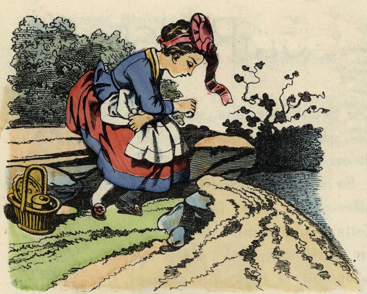 Po drodze odpoczywa Czerwony Kapturek. Ilustracja do bajki „Czerwony Kapturek” Charlesa Perrault autorstwa Unknown artist