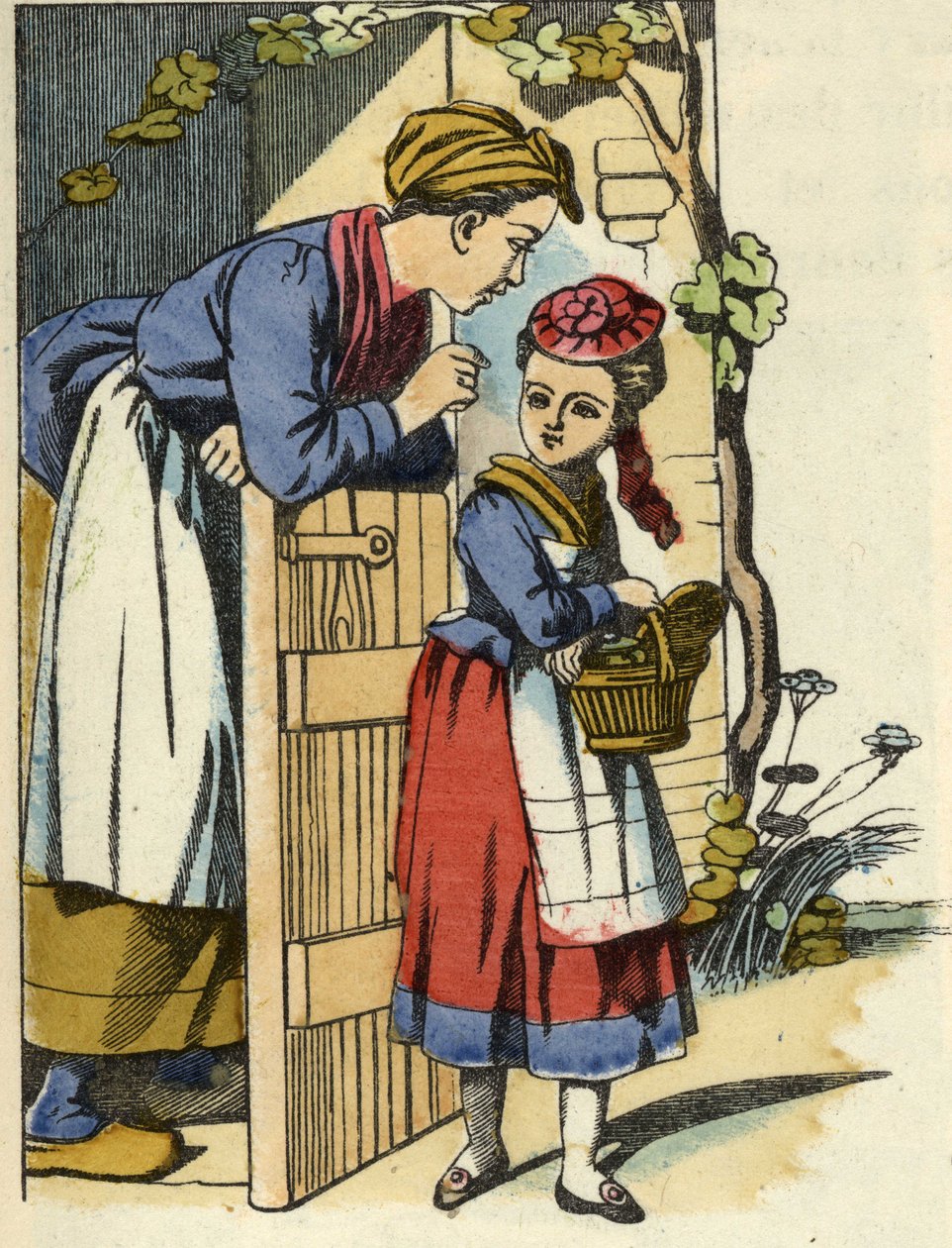 Matka Czerwonego Kapturka daje jej ostatnią rekomendację, aby udać się do domu babci. Ilustracja do bajki „Czerwony Kapturek” Charlesa Perrault autorstwa Unknown artist