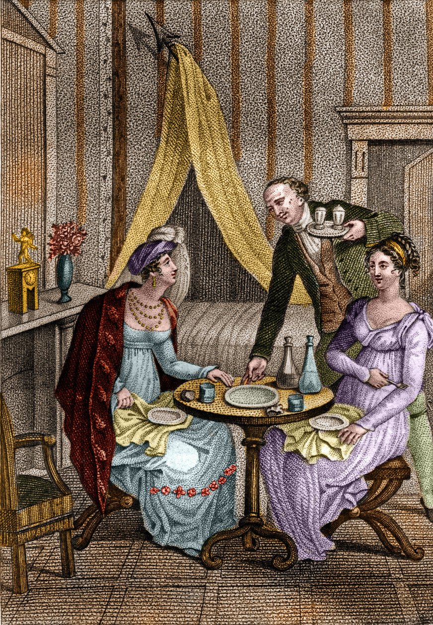 Mały obiad. Olympe de Gouges (1748-1793), francuska literat i rewolucjonistka z Celine jedną z jej przyjaciółek. w „Conseils a ma fille” Jeana Nicolasa Bouilly