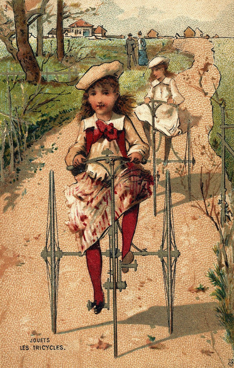 Małe dziewczynki na rowerkach trójkołowych. Chromolitografia około 1890 roku. autorstwa Unknown artist