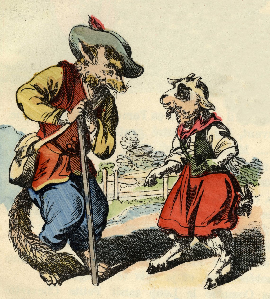 Małe dziecko rozmawia z Mistrzem Foxem. Ilustracja do bajki „Bon medor i mały Chevrette””. W „Opowieściach z domu dla najmłodszych””. Anonimowy rycina z XIX wieku. autorstwa Unknown artist