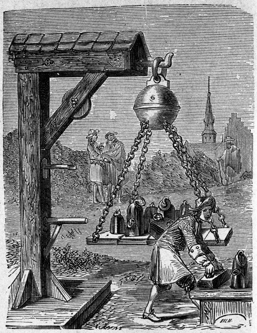 Ładowanie zawieszonych półkul magdeburskich. Grawerowanie z „Ottonis de Guericke: Experimenta Nova Magdeburgica de vacuo spatio” autorstwa Otto von Guericke (Otto de Guericke autorstwa Unknown artist