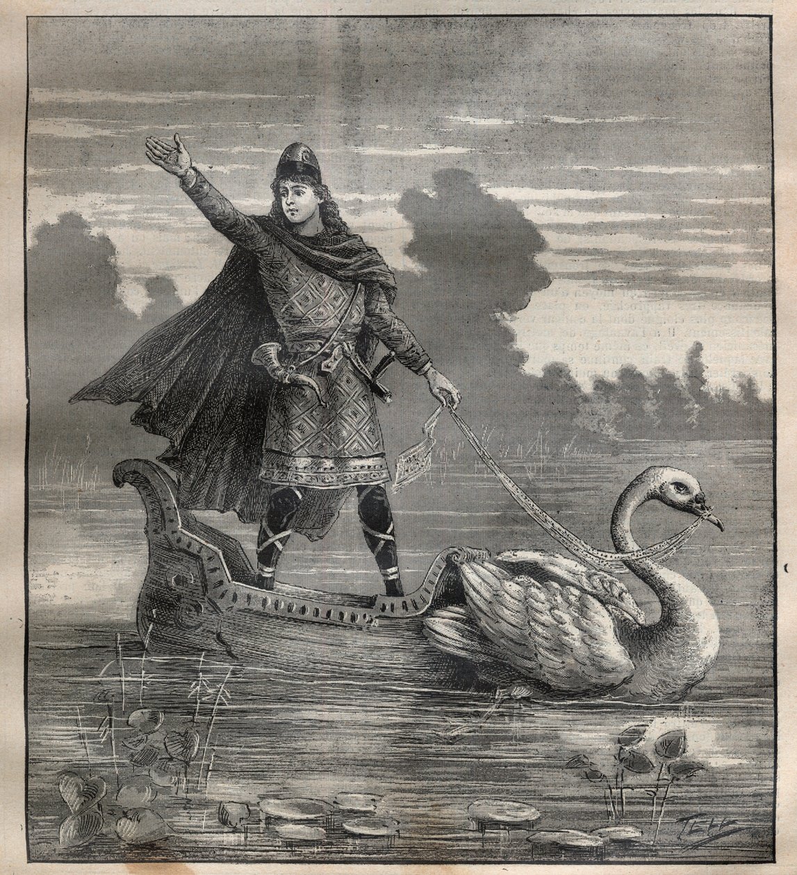 Lohengrin w gondoli ciągnionej przez łabędzia, scena z opery „Lohengrin” Richarda Wagnera (1813-1883) - Grawerowanie w „” La Science francaise”” autorstwa Unknown artist