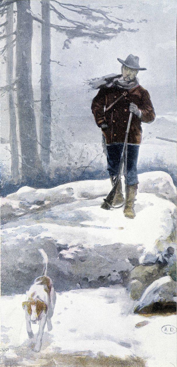 Samotny myśliwy z psem w śnieżnym krajobrazie, koniec XIX wieku autorstwa Unknown artist