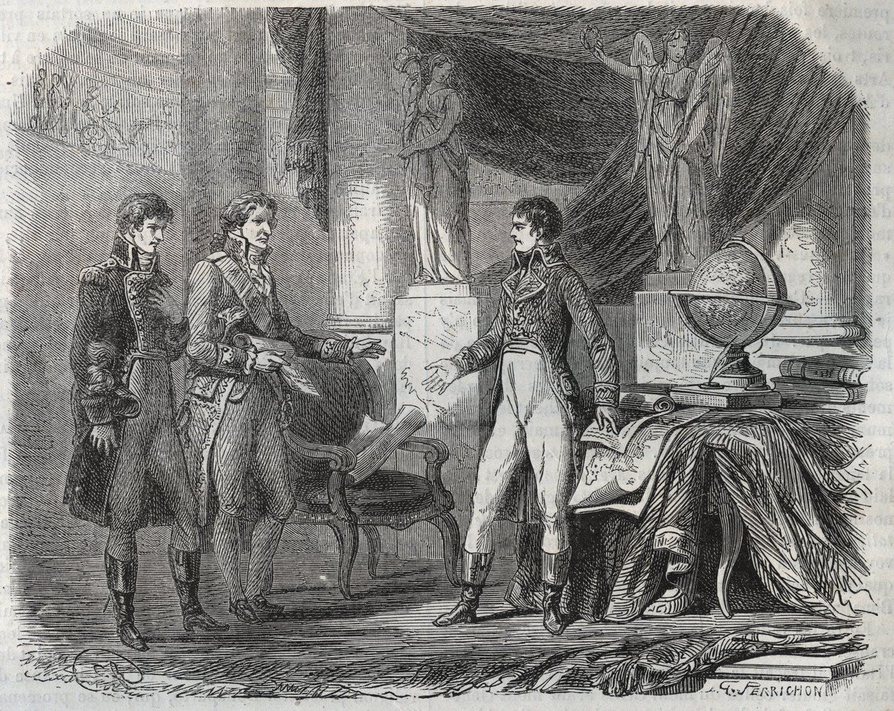 Lord Cornwallis (1738-1805) negocjuje traktat w Amiens (1802) z Napoleonem Bonaparte (1769-1821) – pokój w Amiens, Francja – traktat podpisany w marcu 1802 r., który zakończył wojny o niepodległość autorstwa Unknown artist