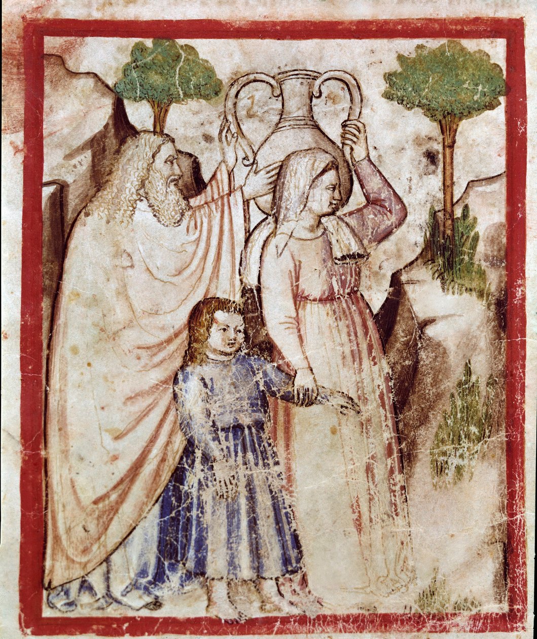 Loth udaje się w góry z córkami, aby uciec przed zniszczeniem Sodomy. Córki odurzają ojca Miniatura z kodeksu 212 (lub kodeksu padovano lub Biblii z Padwy) 1390-1400 Rovigo, Accademia dei Concordi autorstwa Unknown artist