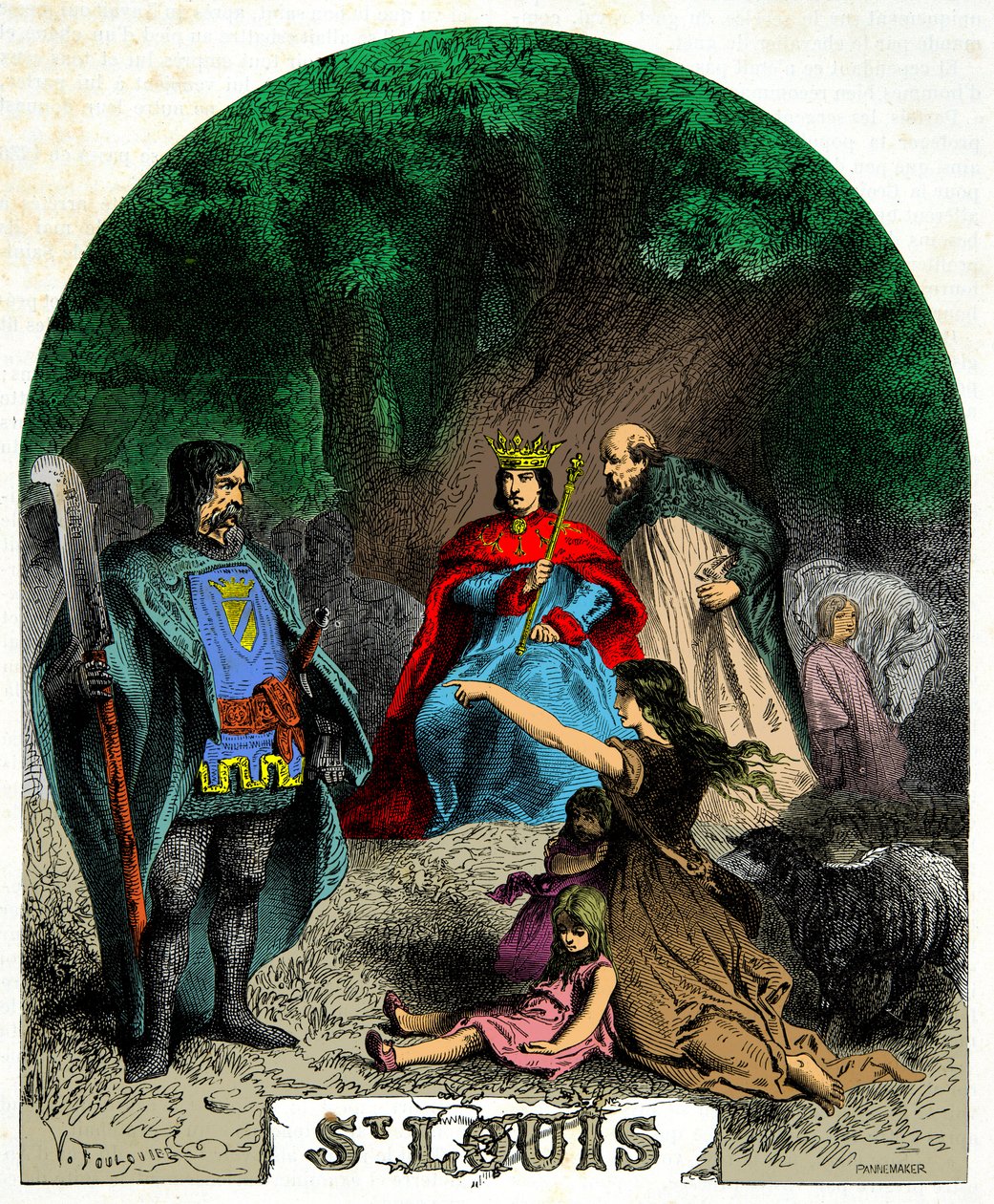 Ludwik IX (św. Ludwik 1214-1270) wymierzający sprawiedliwość pod dębem, rycina XIX wiek autorstwa Unknown artist