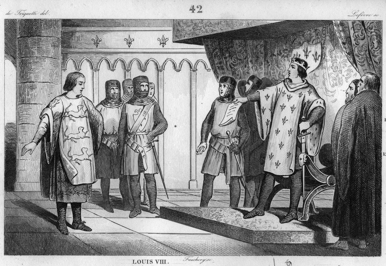 Ludwik VIII (1187-1226) Lew przyjmuje wysłannika od swojego wroga Henryka III (1207-72) z Anglii - Ludwik VIII „Le Lion” (1187-1226), dynastia Kapetów, odpowiada z dumą i fermetą na wysłannik króla Anglii Henryka III - Grawerowanie 1 autorstwa Unknown artist