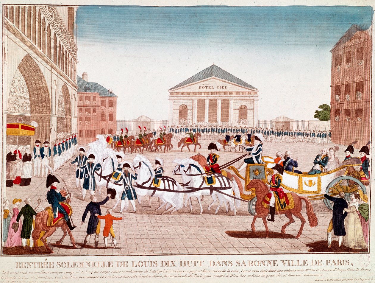 Ludwik XVIII przybywający do Notre Dame, Paryż, 3 maja 1814 (rycina) autorstwa Unknown artist