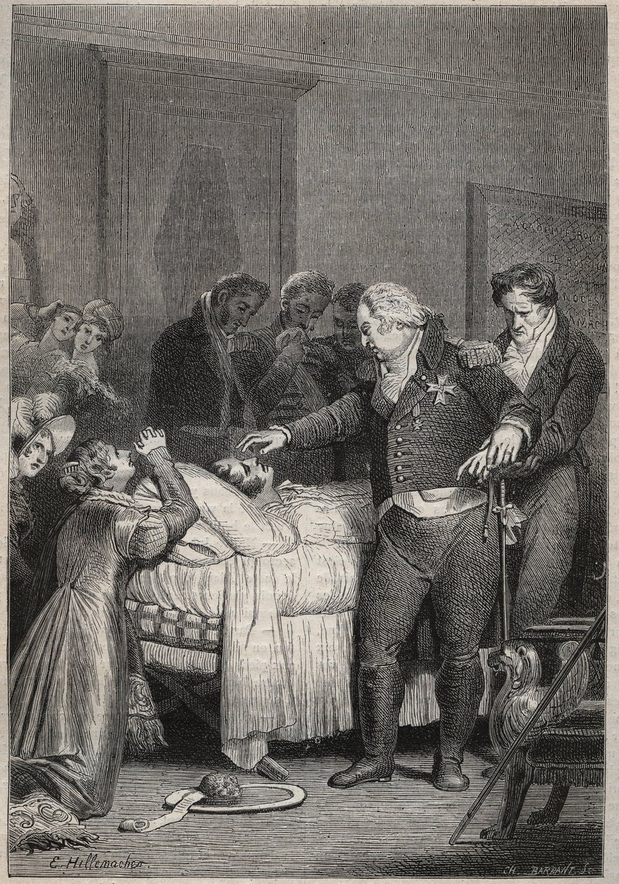 Ludwik XVIII na łożu śmierci księcia Berry - Ostatnie chwile księcia Berry 13 lutego 1820 (1778 - 1820) w Operze Paryskiej w otoczeniu Ludwika XVIII i rodziny królewskiej - rycina w „Histoire de France opowiadaj mojemu wnuki" autorstwa Unknown artist