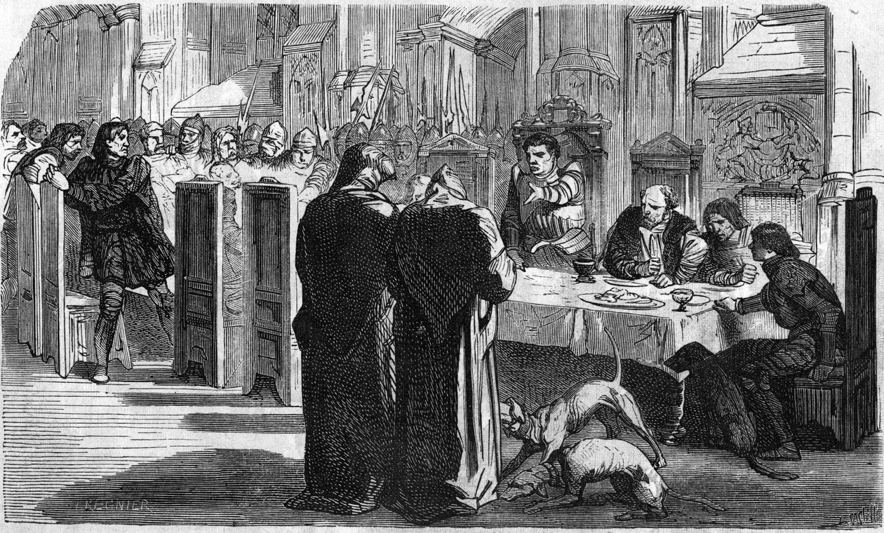 Louis de la Tremoille i jego więźniowie po bitwie pod Saint-Aubin-du-Cornier (1488). Rycina XIX wieku. autorstwa Unknown artist